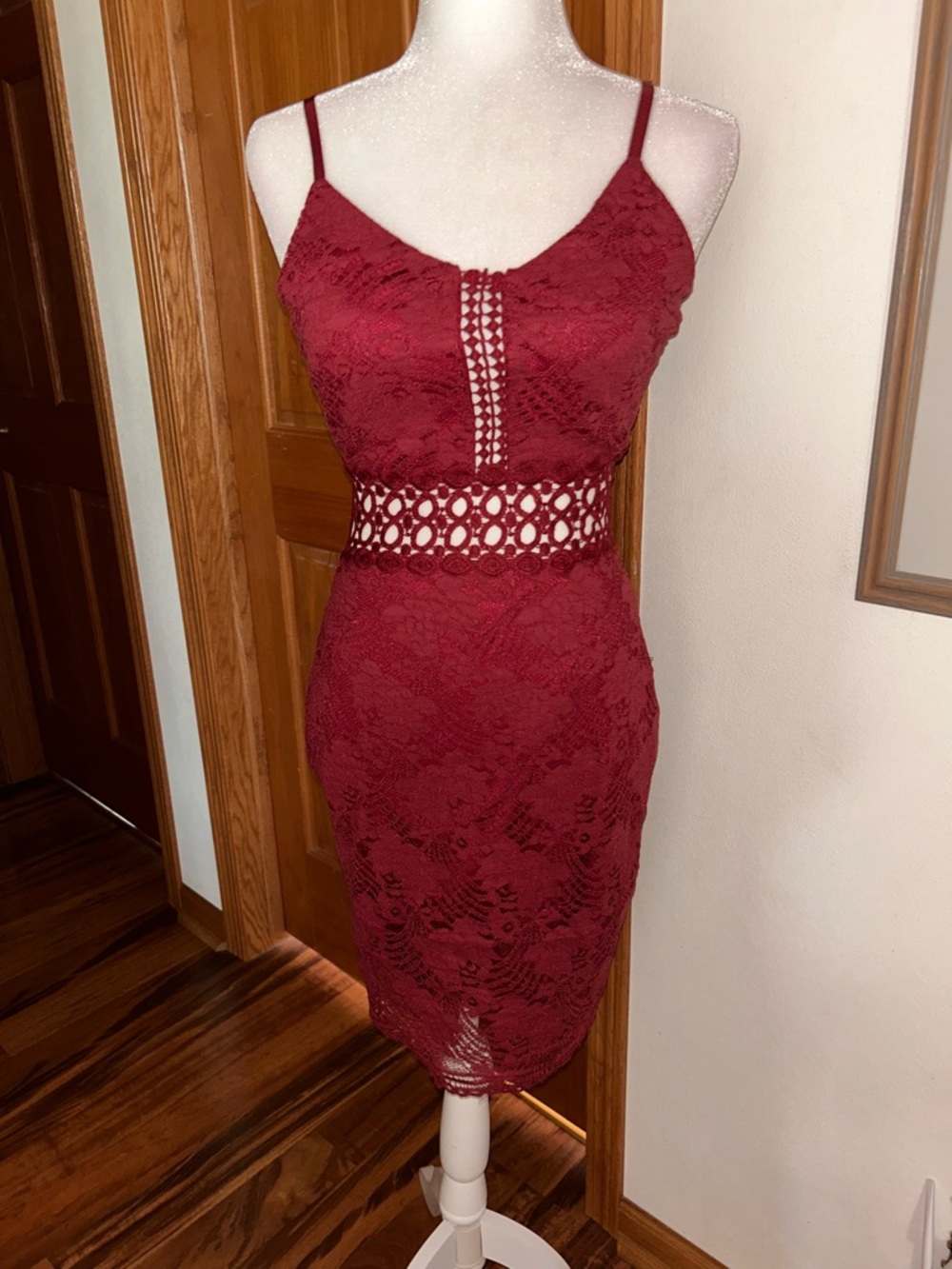 Miaou Wine Lace Midi Dress with Crochet Cut Out Waist
